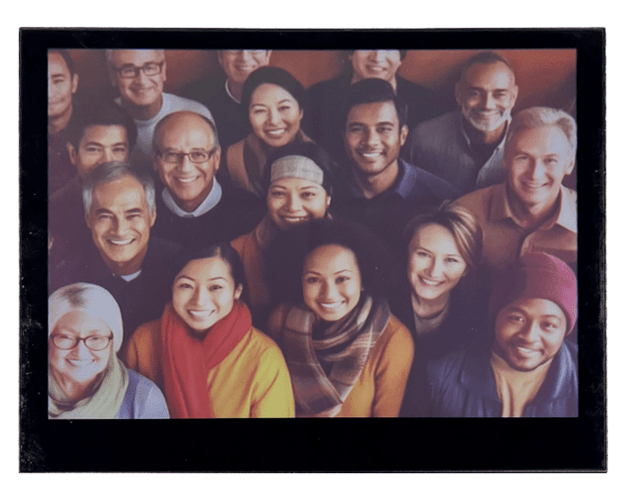 framed epaper display showing a group of people smiling for a picture